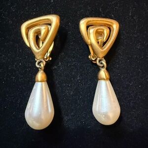 Vintage Anne Klein Gold and Pearl Drop Clip Earrings - Marked